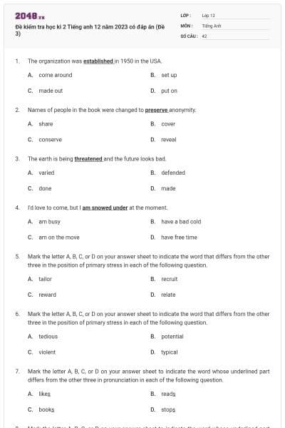 Đề kiểm tra học kì 2 Tiếng anh 12 năm 2023 có đáp án (Đề 3)