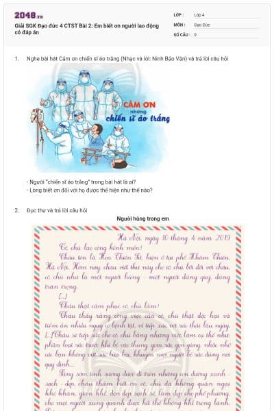 Giải SGK Đạo đức 4 CTST Bài 2: Em biết ơn người lao động có đáp án