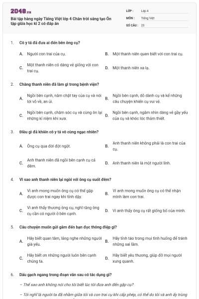 Bài tập hàng ngày Tiếng Việt lớp 4 Chân trời sáng tạo Ôn tập giữa học kì 2 có đáp án