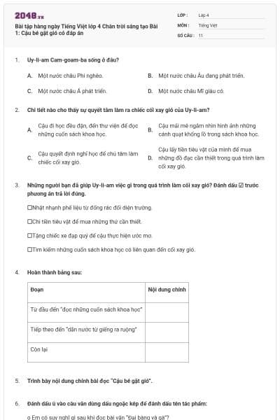 Bài tập hàng ngày Tiếng Việt lớp 4 Chân trời sáng tạo Bài 1: Cậu bé gặt gió có đáp án