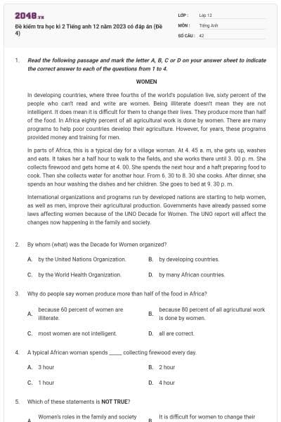 Đề kiểm tra học kì 2 Tiếng anh 12 năm 2023 có đáp án (Đề 4)