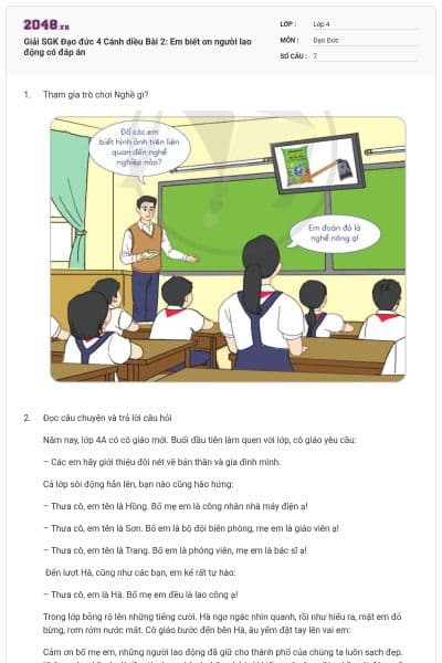 Giải SGK Đạo đức 4 Cánh diều Bài 2: Em biết ơn người lao động có đáp án