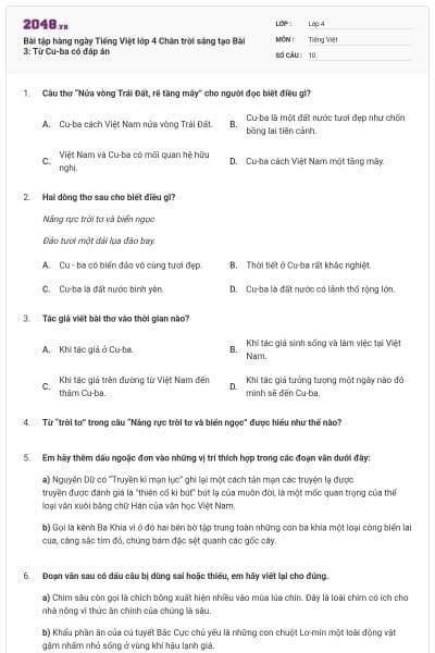 Bài tập hàng ngày Tiếng Việt lớp 4 Chân trời sáng tạo Bài 3: Từ Cu-ba có đáp án