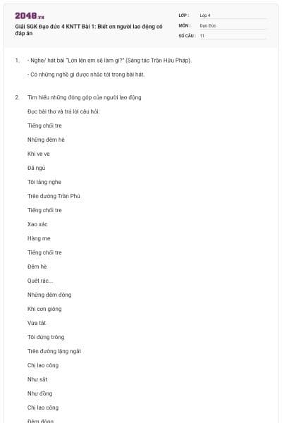 Giải SGK Đạo đức 4 KNTT Bài 1: Biết ơn người lao động có đáp án