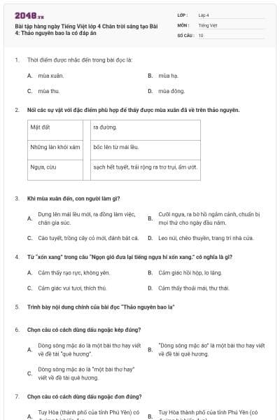 Bài tập hàng ngày Tiếng Việt lớp 4 Chân trời sáng tạo Bài 4: Thảo nguyên bao la có đáp án