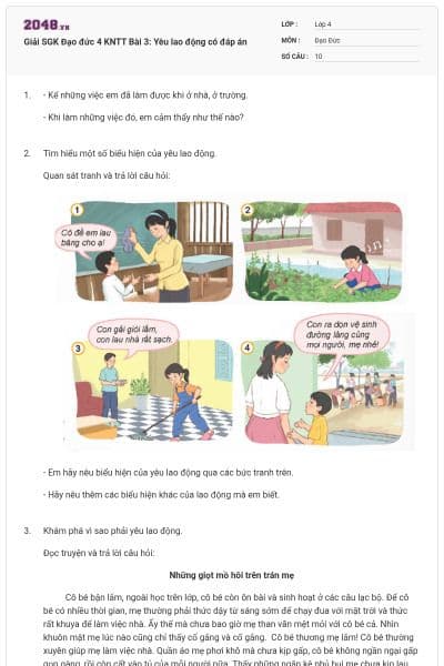 Giải SGK Đạo đức 4 KNTT Bài 3: Yêu lao động có đáp án