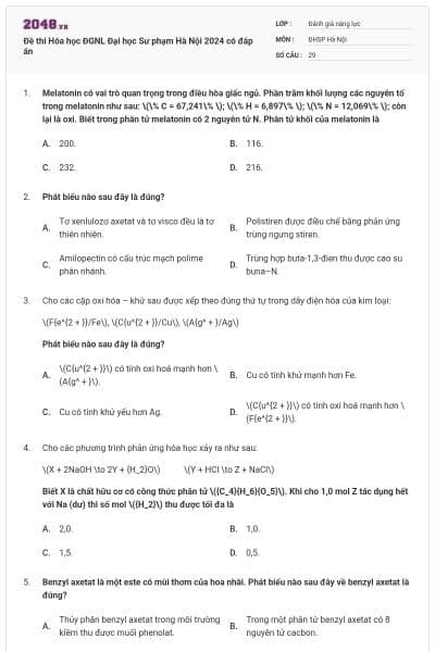 Đề thi Hóa học ĐGNL Đại học Sư phạm Hà Nội 2024 có đáp án