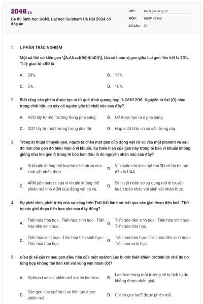Đề thi Sinh học ĐGNL Đại học Sư phạm Hà Nội 2024 có đáp án