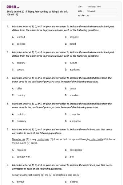 Bộ đề thi thử 2019 Tiếng Anh cực hay có lời giải chi tiết (Đề số 17)