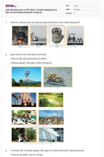 Giải SGK Khoa học 4 CTST Bài 6. Ô nhiễm không khí và bảo vệ môi trường không khí có đáp án