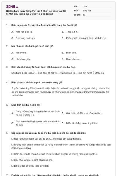 Bài tập hàng ngày Tiếng Việt lớp 4 Chân trời sáng tạo Bài 6: Một biểu tượng của Ô-xtrây-li-a có đáp án