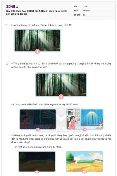 Giải SGK Khoa học 4 CTST Bài 8. Nguồn sáng và sự truyền ánh sáng có đáp án