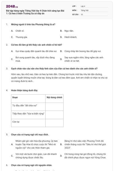 Bài tập hàng ngày Tiếng Việt lớp 4 Chân trời sáng tạo Bài 1: Cá heo ở biển Trường Sa có đáp án