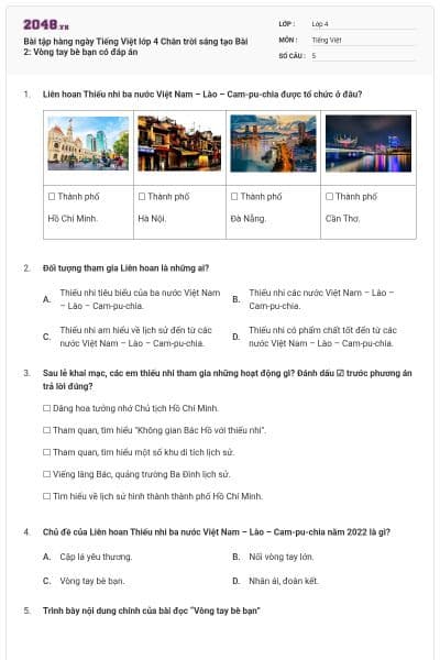 Bài tập hàng ngày Tiếng Việt lớp 4 Chân trời sáng tạo Bài 2: Vòng tay bè bạn có đáp án