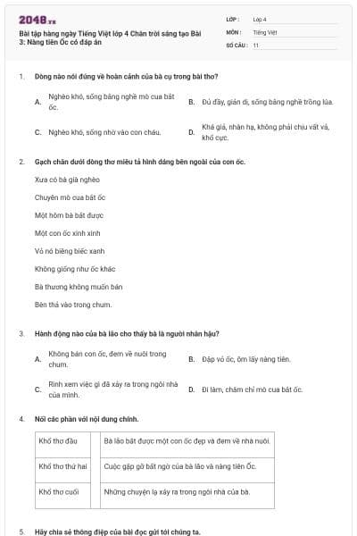 Bài tập hàng ngày Tiếng Việt lớp 4 Chân trời sáng tạo Bài 3: Nàng tiên Ốc  có đáp án