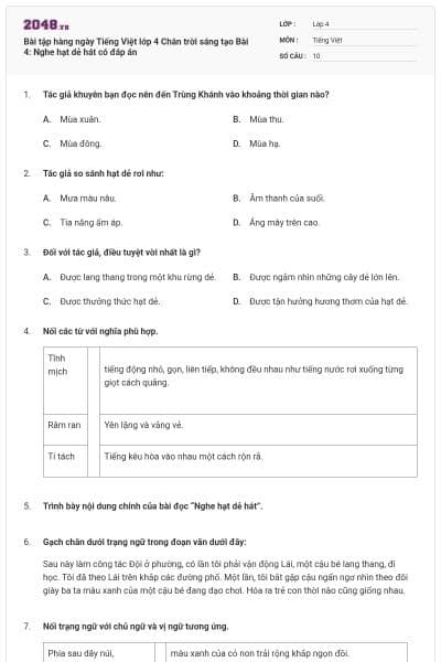 Bài tập hàng ngày Tiếng Việt lớp 4 Chân trời sáng tạo Bài 4: Nghe hạt dẻ hát có đáp án