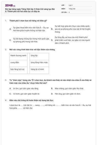 Bài tập hàng ngày Tiếng Việt lớp 4 Chân trời sáng tạo Bài 6: Thành phố nối hai châu lục có đáp án