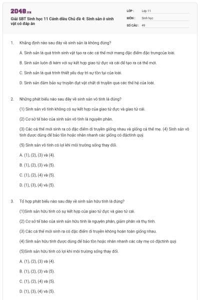 Giải SBT Sinh học 11 Cánh diều Chủ đề 4: Sinh sản ở sinh vật có đáp án