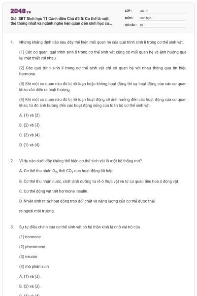 Giải SBT Sinh học 11 Cánh diều Chủ đề 5: Cơ thể là một thể thống nhất và ngành nghề liên quan đến sinh học cơ thể có đáp án