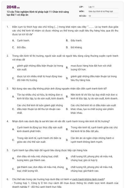13 câu Trắc nghiệm Kinh tế pháp luật 11 Chân trời sáng tạo Bài 1 có đáp án