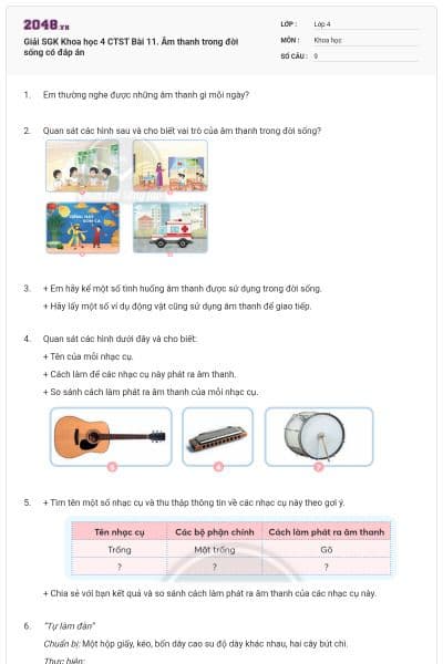 Giải SGK Khoa học 4 CTST Bài 11. Âm thanh trong đời sống có đáp án