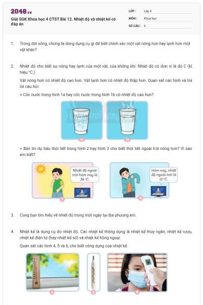 Giải SGK Khoa học 4 CTST Bài 12. Nhiệt độ và nhiệt kế có đáp án