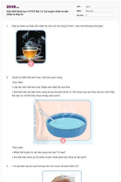 Giải SGK Khoa học 4 CTST Bài 13. Sự truyền nhiệt và dẫn nhiệt có đáp án