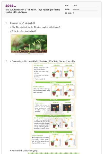 Giải SGK Khoa học 4 CTST Bài 15. Thực vật cần gì để sống và phát triển có đáp án