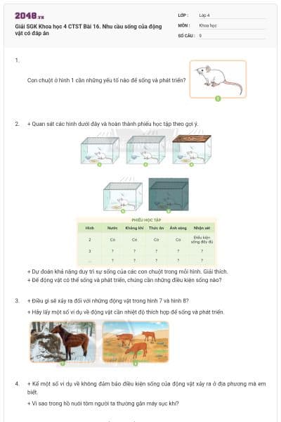 Giải SGK Khoa học 4 CTST Bài 16. Nhu cầu sống của động vật có đáp án