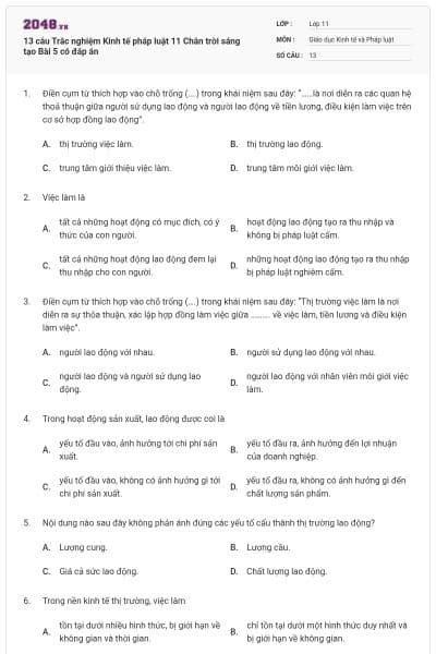 13 câu Trắc nghiệm Kinh tế pháp luật 11 Chân trời sáng tạo Bài 5 có đáp án