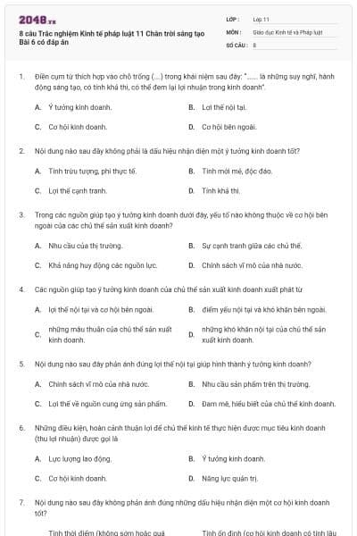 8 câu Trắc nghiệm Kinh tế pháp luật 11 Chân trời sáng tạo Bài 6 có đáp án