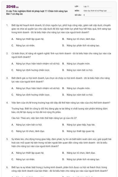 8 câu Trắc nghiệm Kinh tế pháp luật 11 Chân trời sáng tạo Bài 7 có đáp án