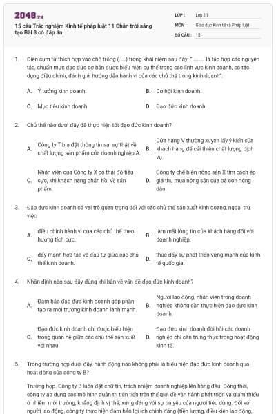 15 câu Trắc nghiệm Kinh tế pháp luật 11 Chân trời sáng tạo Bài 8 có đáp án