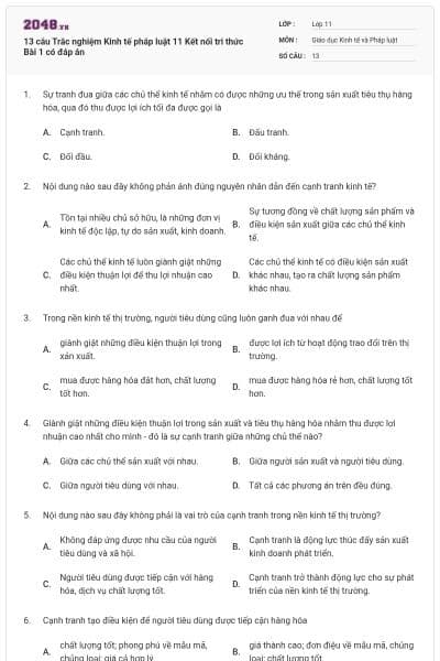 13 câu Trắc nghiệm Kinh tế pháp luật 11 Kết nối tri thức Bài 1 có đáp án