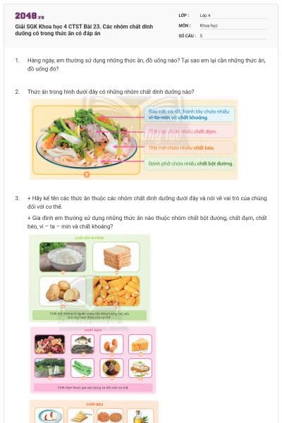 Giải SGK Khoa học 4 CTST Bài 23. Các nhóm chất dinh dưỡng có trong thức ăn có đáp án
