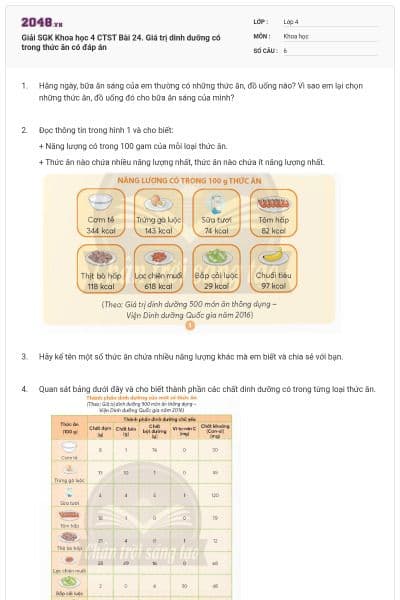 Giải SGK Khoa học 4 CTST Bài 24. Giá trị dinh dưỡng có trong thức ăn có đáp án
