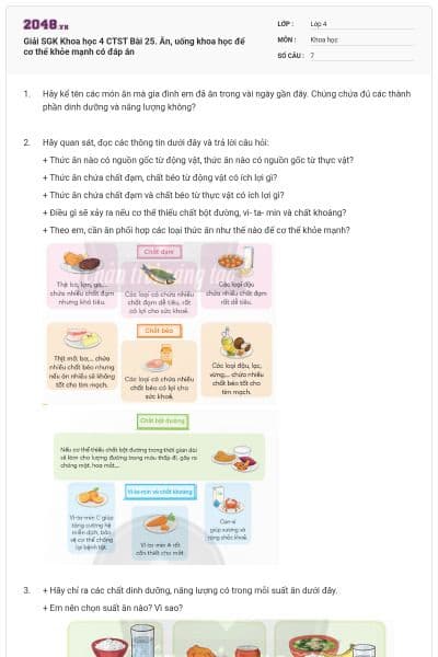 Giải SGK Khoa học 4 CTST Bài 25. Ăn, uống khoa học để cơ thể khỏe mạnh có đáp án