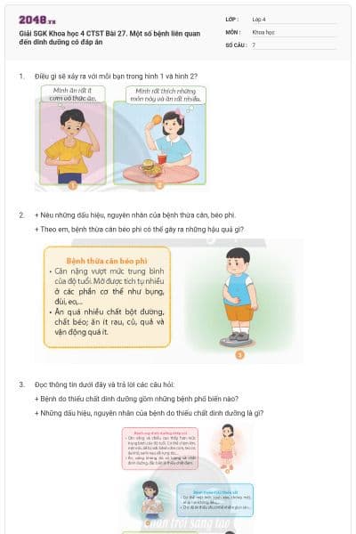 Giải SGK Khoa học 4 CTST Bài 27. Một số bệnh liên quan đến dinh dưỡng có đáp án