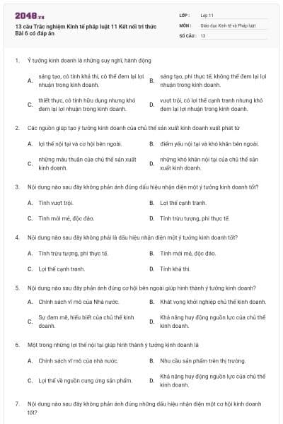 13 câu Trắc nghiệm Kinh tế pháp luật 11 Kết nối tri thức Bài 6 có đáp án