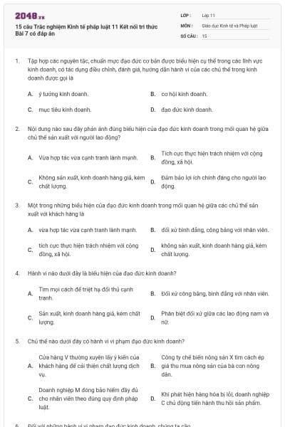 15 câu Trắc nghiệm Kinh tế pháp luật 11 Kết nối tri thức Bài 7 có đáp án