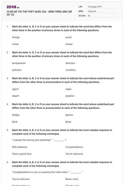 25 BỘ ĐỀ THI THỬ THPT QUỐC GIA - MÔN TIẾNG ANH (ĐỀ SỐ 10)