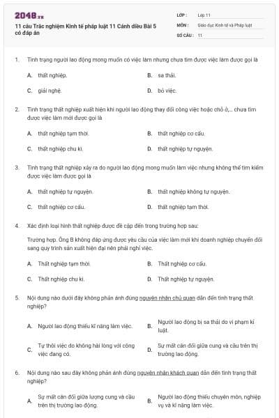 11 câu Trắc nghiệm Kinh tế pháp luật 11 Cánh diều Bài 5 có đáp án