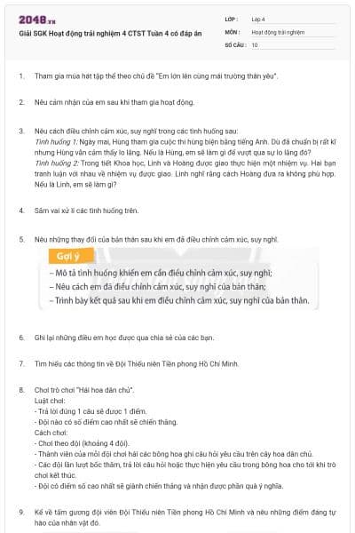 Giải SGK Hoạt động trải nghiệm 4 CTST Tuần 4 có đáp án