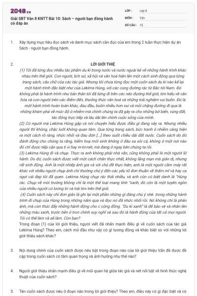 Giải SBT Văn 8 KNTT Bài 10: Sách – người bạn đồng hành có đáp án