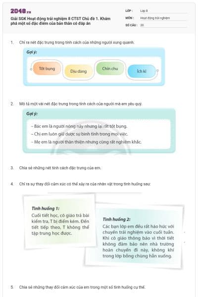 Giải SGK Hoạt động trải nghiệm 8 CTST Chủ đề 1. Khám phá một số đặc điểm của bản thân có đáp án