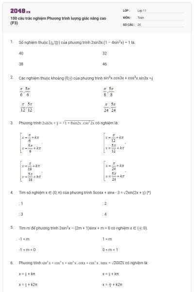 100 câu trắc nghiệm Phương trình lượng giác nâng cao (P3)