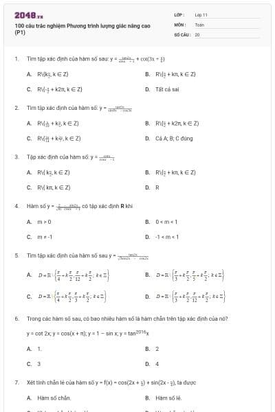 100 câu trắc nghiệm Phương trình lượng giác nâng cao (P1)