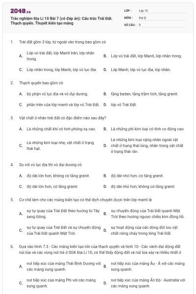 Trắc nghiệm Địa Lí 10 Bài 7 (có đáp án): Cấu trúc Trái Đất. Thạch quyển. Thuyết kiến tạo mảng