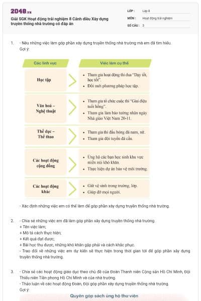 Giải SGK Hoạt động trải nghiệm 8 Cánh diều Xây dựng truyền thống nhà trường có đáp án