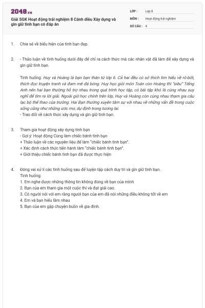 Giải SGK Hoạt động trải nghiệm 8 Cánh diều Xây dựng và gìn giữ tình bạn có đáp án